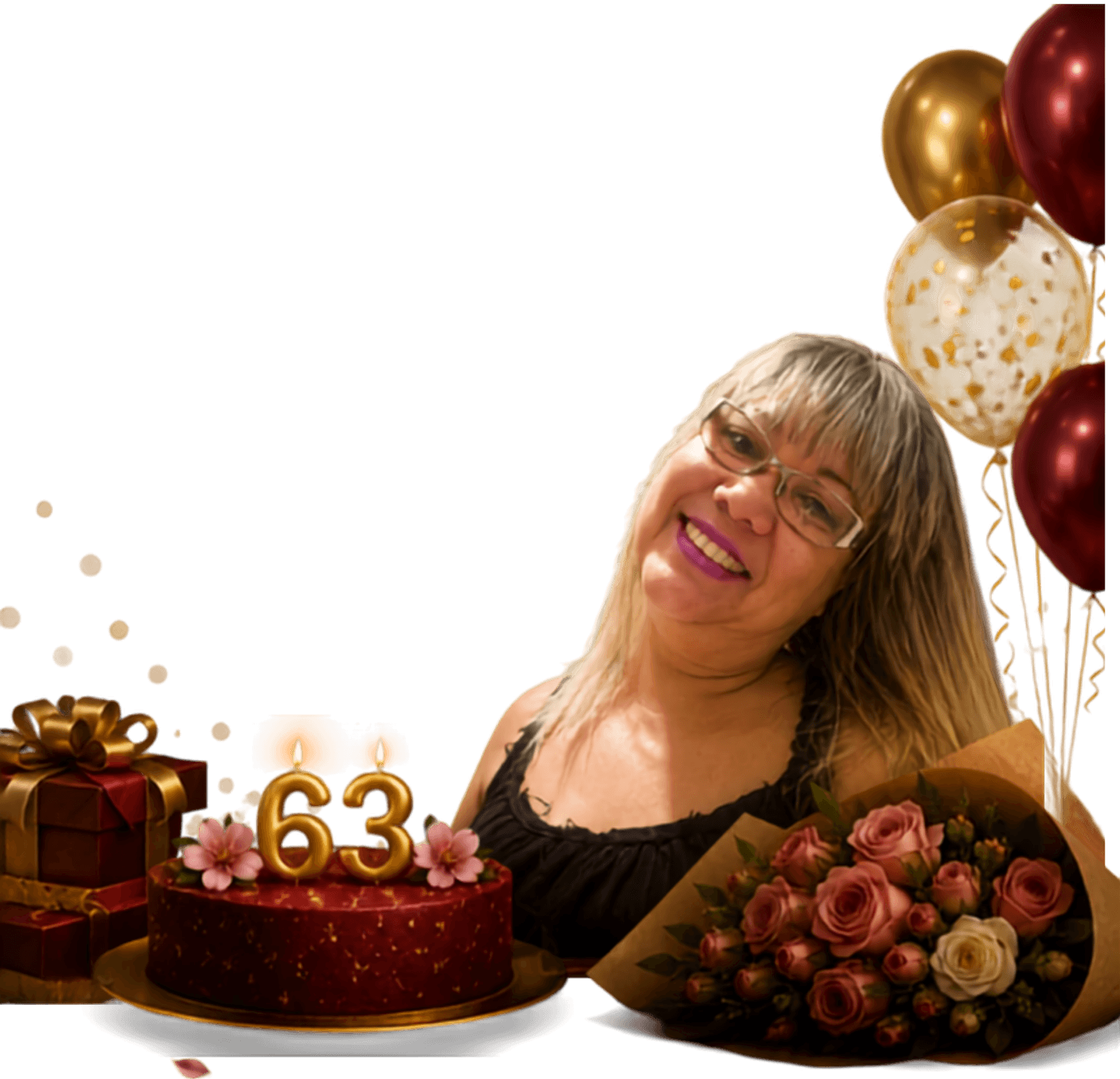 Dulce Helena sorrindo ao lado do bolo de 63 anos, com buquê de rosas, presentes e balões